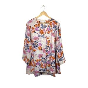 NWOT Rose+Olive Floral Pleated Front ¾ Sleeve Tunic Blouse Pink/Blue Size 3X
